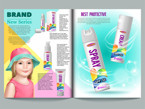 Cosmetic magazine template, set sunscreen, cream, lotion, gel, balsam and spray. Protection from the sun. 3d realistic vector illustration.
