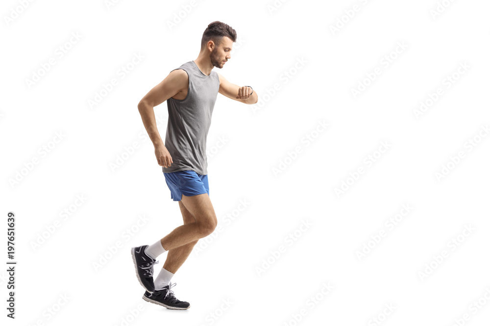 Poster Athletic guy running and looking at his watch