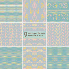 Set of seamless abstract geometric patterns in pastel colors