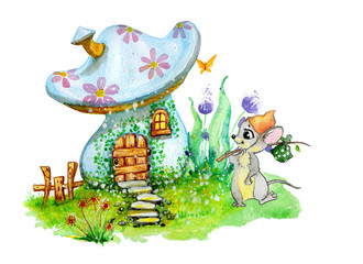 atercolor painting house and little cute mouse. Fairy tale illustration isolated on white.