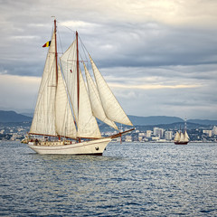 Fototapeta premium Sailing ship in the blue sea. Yachting. Sailing