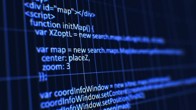 Machine Language Running on the Data Screen with DOF Blur. Blue Color Software Programming Animation Design. Technology Concept. 4k UHD 3840x2160.