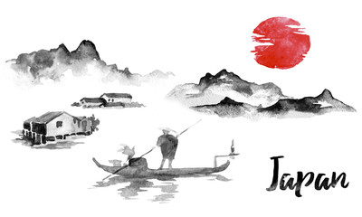 Japan traditional sumi-e painting. Indian ink illustration. Man and boat. Sunset, dusk. Japanese picture.