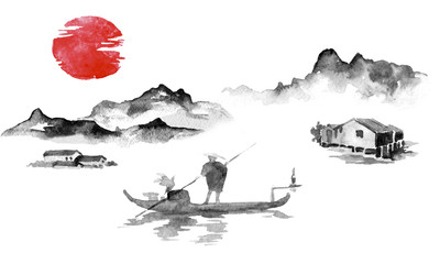 Obraz premium Japan traditional sumi-e painting. Indian ink illustration. Man and boat. Sunset, dusk. Japanese picture.