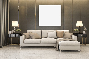 3d rendering nice soft sofa near luxury golden decor and mock up