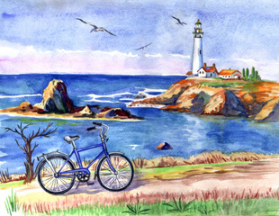Seascape with a lighthouse and a bicycle, watercolor painting.
