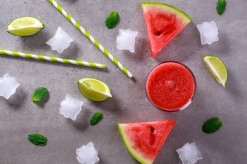 Above view on glass with fresh watermelon smoothie.