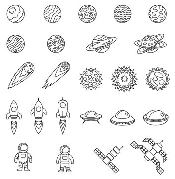 Set of space objects. Planets, stars, comet, spaceship, ufo, cosmic stations, astronaut. Collection of outer space icons Vector illustration