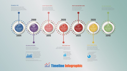 Modern timeline infographic with 7 steps circle designed for template brochure diagram planning presentation process webpages workflow. Vector illustration