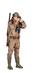 Full length portrait of a male hunter with double barreled shotgun Isolated on white background. hunting and people concept.