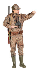 Full length portrait of a male hunter with double barreled shotgun Isolated on white 