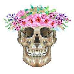 Human skull with flowers watercolor illustration