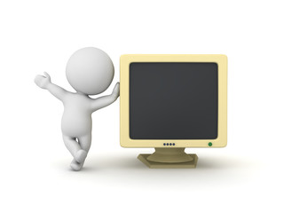  3D Character waving and leaning on old computer monitor