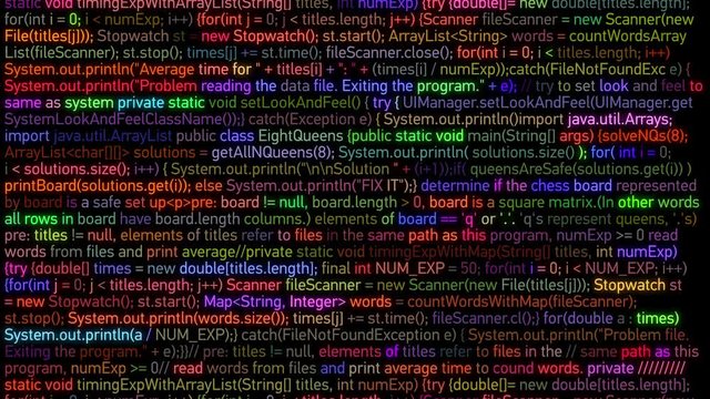 Computer Code Running on the Data Screen. Bright Colors Glowing. Software Programming Animation Design. Technology Concept. 4k UHD 3840x2160.