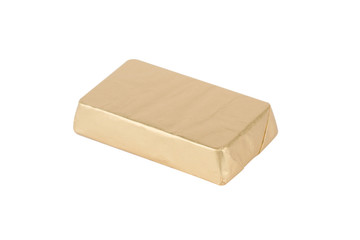 closeup of chocolate bar in golden packaging