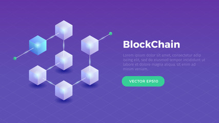 Blockchain concept slider banner design with isometric blocks chain illustration and text vector illustration