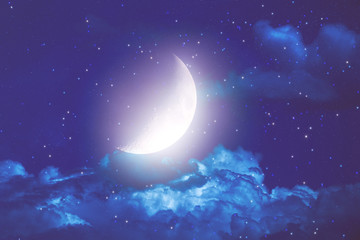 Naklejka na ściany i meble Half Moon with stars and clouds on a dark sky. 