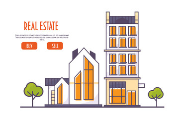Linear or line art style vector illustration for real estate agency: cityscape with residential and commerce houses or buildings. Could be used as banner or web landing page template. - obrazy, fototapety, plakaty