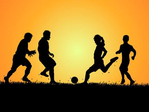 Set of Silhouettes of soccer player and grass on gradient background
