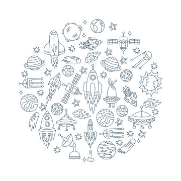 Outer space cosmo doodle icons line vector set