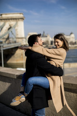 Couple in love hugging of the magnificent landscape view of Budapest, Hungary