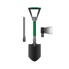 Сamping folding shovel with green handle. Included nozzles