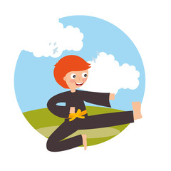 little boy training karate martial art with field background vector illustration