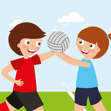 two boys playing ball volleyball sport kids activity vector illustration