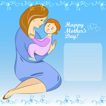 Mothers Day Vector, Mother and Baby Greeting Card. Color Illustrations Art  Design  on a  square background