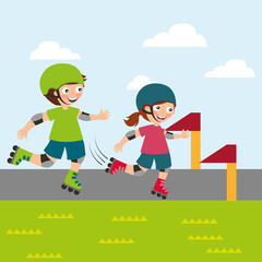 girl and boy riding roller skating race sport vector illustration