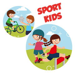 sport kids activity bycicle roller skate race volleyball vector illustration