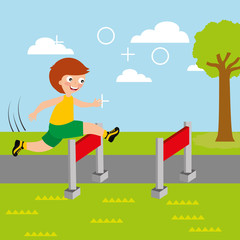 young boy jump race obstacle sport kids activity vector illustration