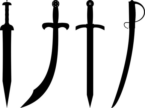 Various types of swords.  Gladium, scimitar, christian sword and saber.