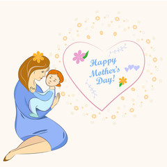 Mothers Day Vector, Mother and Baby Greeting Card. Color Illustrations Art  Design  on a  square background