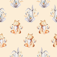 Baby dieren kwekerij geïsoleerd naadloos patroon met bannies. Aquarel boho schattige baby vos, herten dier bos konijn en beer geïsoleerde illustratie voor kinderen. Afbeelding konijnenbos