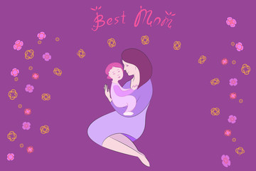 Mothers Day Vector, Mother and Baby. Color Illustrations Art  Design Greeting Card on a horizontal background