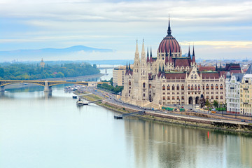 Fototapeta na wymiar Parliament building on river bank, Budapest, Hungary
