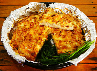  meat on french, onion, greens, tomatoes, cheese oven food tasty dish bright appetite baked foil