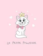 La petite Princesse girl phrase in French means Little Princess. Little Princess cute card with hand drawn white cat. Vector poster with decor elements and pastel colors. 