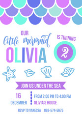 Mermaid Birthday party invitation card. Colorful fish scales and sea elements invitation. Sea party invitation with lettering . Vector illustration.