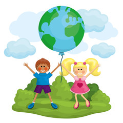 Vector illustration of cute boy and girl playing with Earth balloon.