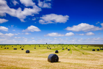 Summer rural landscape with silage bales on a field in Southern England UK
