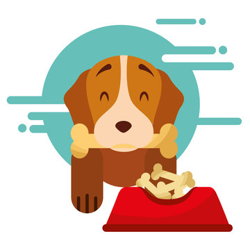 recommend clip art: domestic dog with bone in mouth sitting next to full food bowl vector illustration