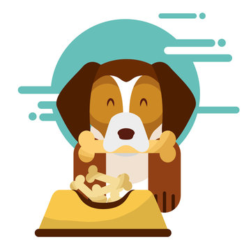 domestic dog with bone in mouth sitting next to full food bowl vector illustration