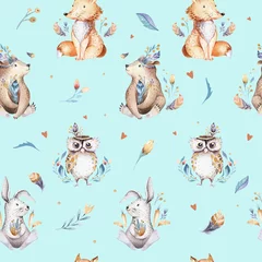 Foto op Plexiglas Dieren babykamer Baby dieren kwekerij geïsoleerd naadloos patroon met bannies. Aquarel boho schattige baby vos, herten dier bos konijn en beer geïsoleerde illustratie voor kinderen. Afbeelding konijnenbos