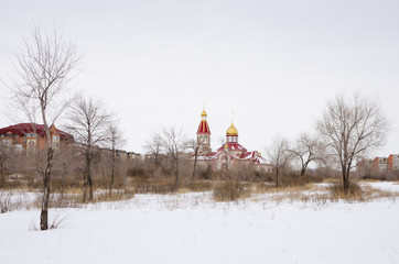 The Orthodox Church in the overgrown wasteland in the winter. The picture was taken in Russia, in the city of Orenburg. 02/26/2018