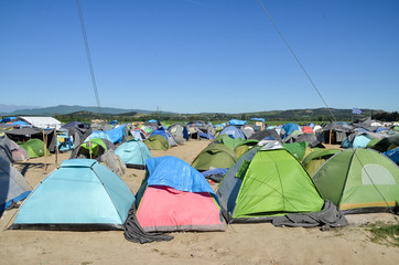 Idomeni, Greece, April 15, 2016 -  Hundreds of tents in a transit camp for refugees and migrants at...