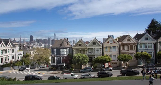 Painted Ladies Victorian Homes in San Francisco Alamo Square is a famous tourist attraction.