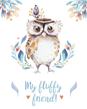 Cute bohemian baby owl animal for kindergarten, woodland nursery isolated decoration forest owls illustration for children forest animals pattern. Watercolor hand drawn boho set