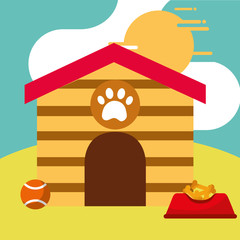 dog house full bowl food and toy ball vector illustration